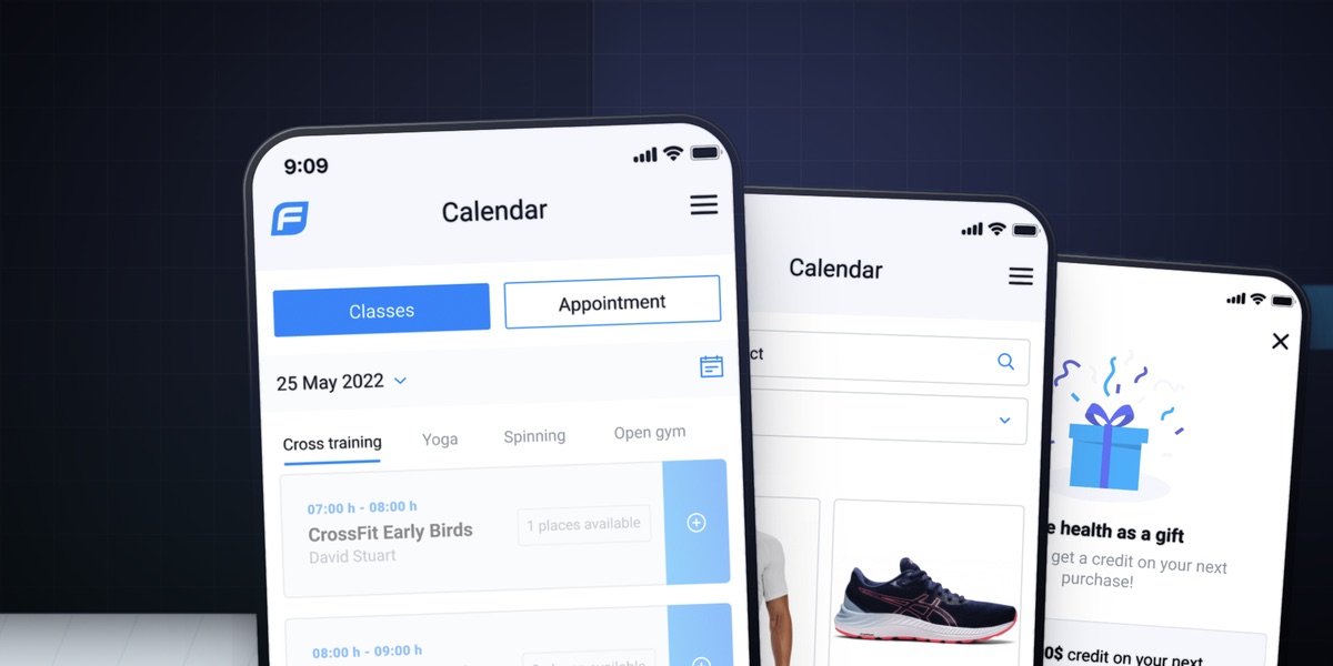 FLiiP gym booking web platform and member app screens