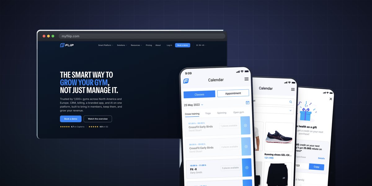 FLiiP gym booking web platform and member app screens