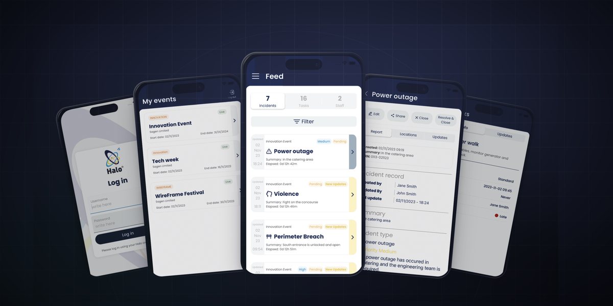 Halo System incident reporting and task command app screens