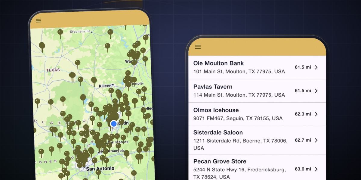 Texas Dives map and nearest-bars list screens