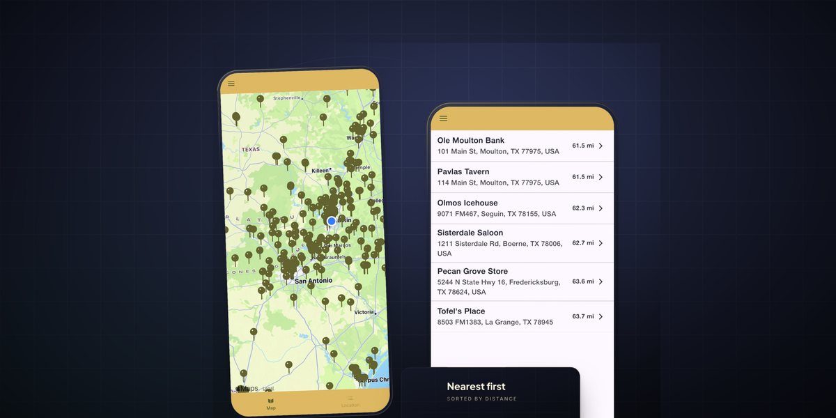 Texas Dives map and nearest-bars list screens